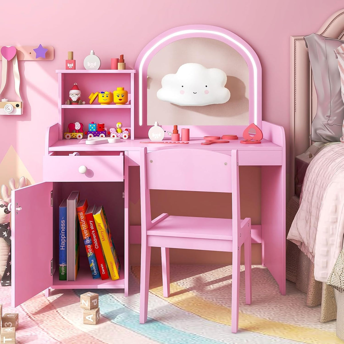 LIFEZEAL 2 en 1 Set de Tocador Niños, Tocador Infantil con Cajón y Estante, Mesa de Maquillaje con Espejo LED y Taburete, para Niñas a Partir de 3 Años