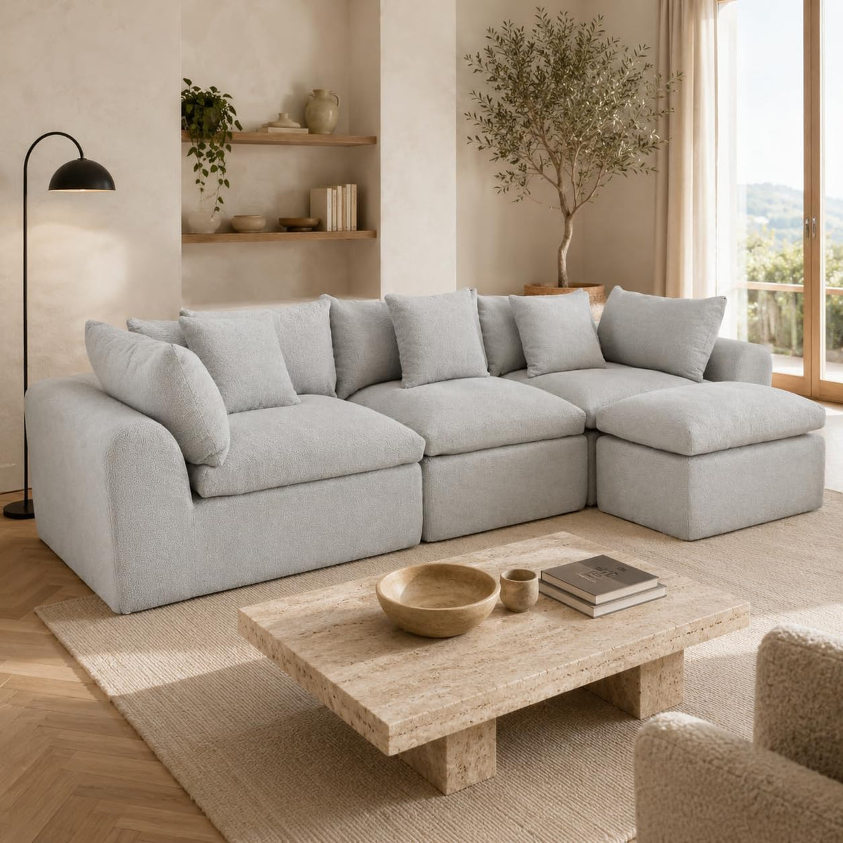 Sofá cama con respaldo en forma de L de 275 cm, 4 plazas, de terciopelo nube, con otomana izquierda y derecha, sin montaje, moderno sofá de salón para salón (gris)