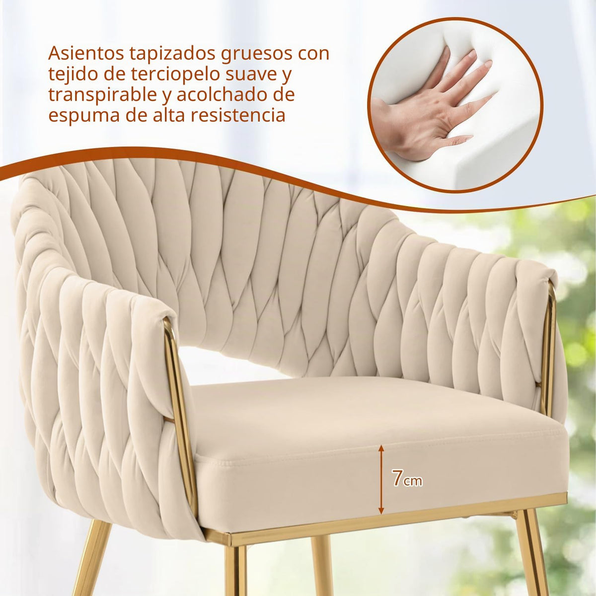 Juego de 4 sillas de comedor de terciopelo, sillones de salón, sillas de comedor con reposabrazos, sillas de cocina con respaldo alto trenzado a mano, silla de tocador con patas doradas