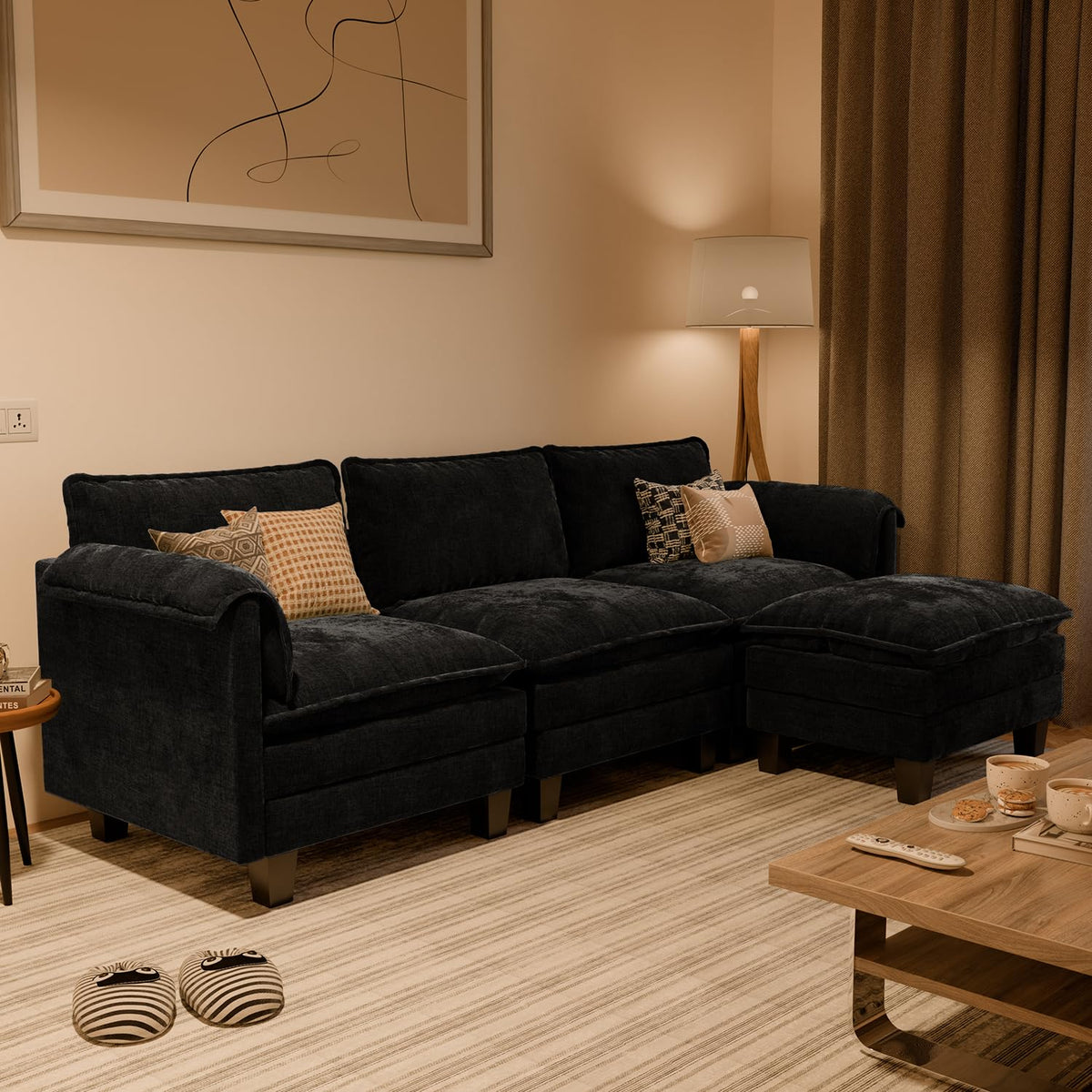 ELUCHANG Sofá Nube Modular 256cm, Sofá de 3 Plazas con Asiento Profundo 62cm, Montaje sin Herramientas, Sofá Moderno de Chenilla para Salón y Habitación, Gris Perla