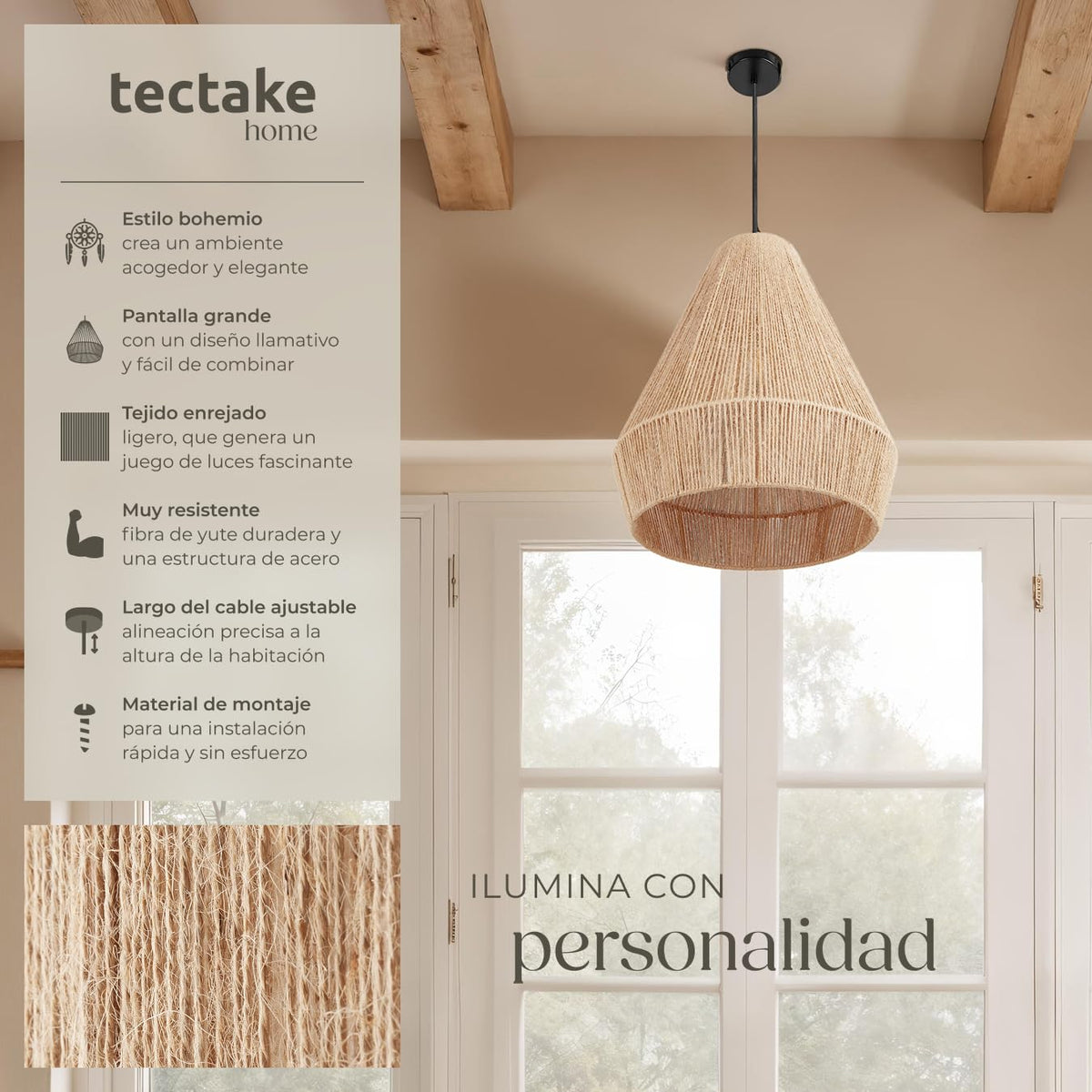 tectake® Lampara Techo Dormitorio Boho Artesanal en Yute Sostenible con Estructura de Acero, Lámpara de Techo Colgante Salón 40 W, Lampara Salon, Plafon - 45 x 45 x 27,5 cm