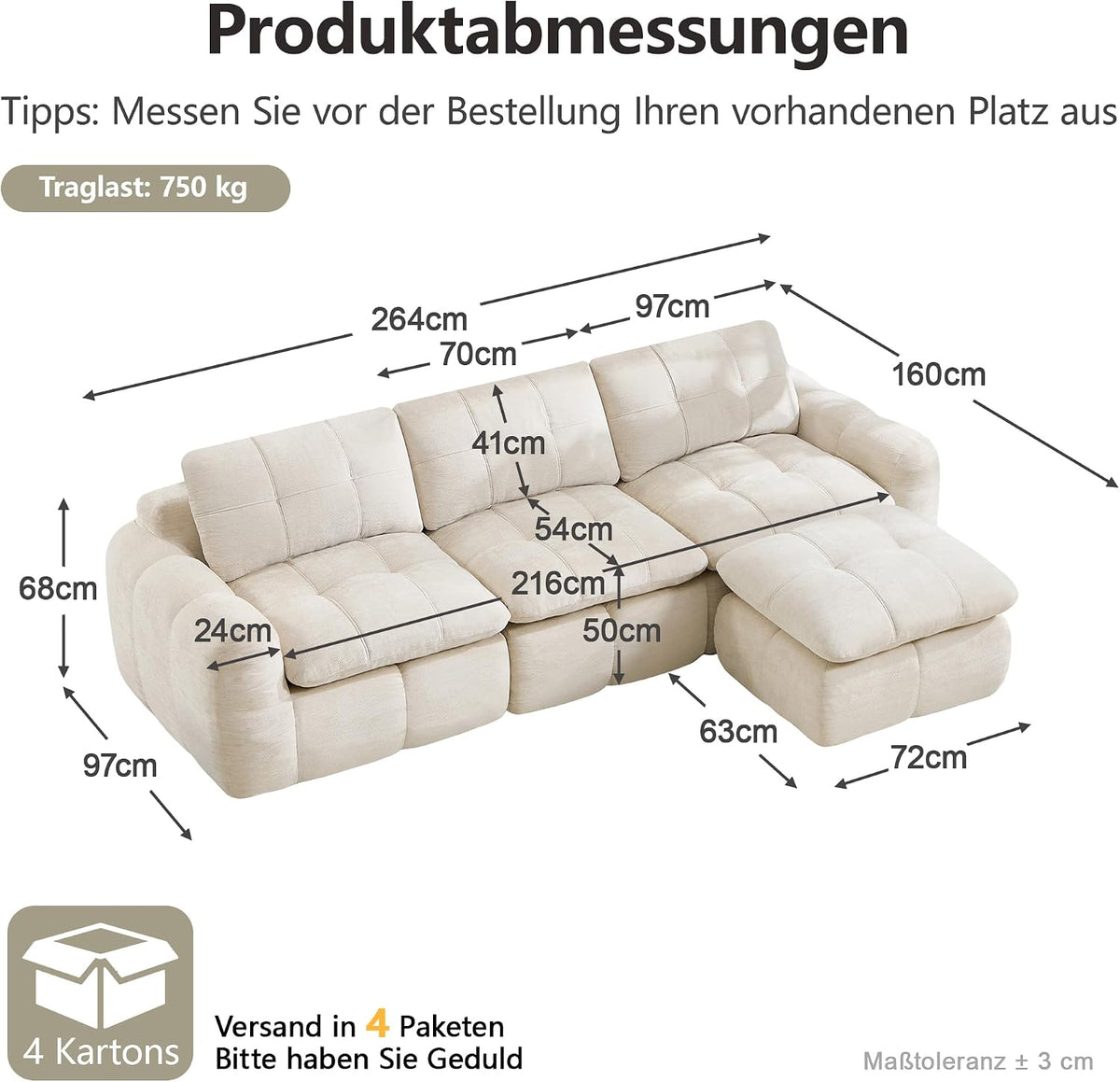 Sofá de 3 plazas con 1 taburete chenilla beige