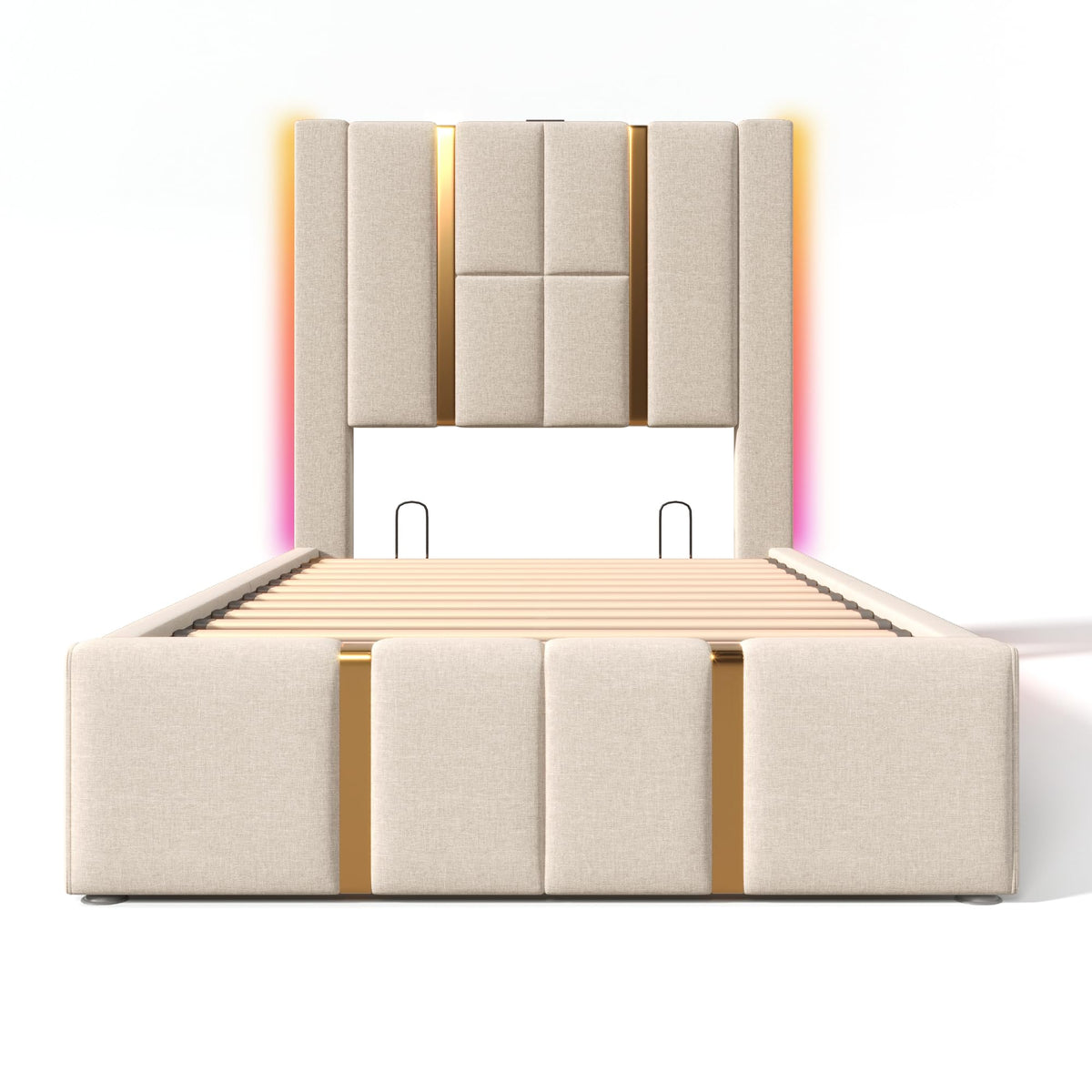 Cama tapizada doble USB tipo C función de carga APP Control LED 180 × 200 cm espacio espacio cama somier de láminas de madera, material de lino beige (sin colchón)