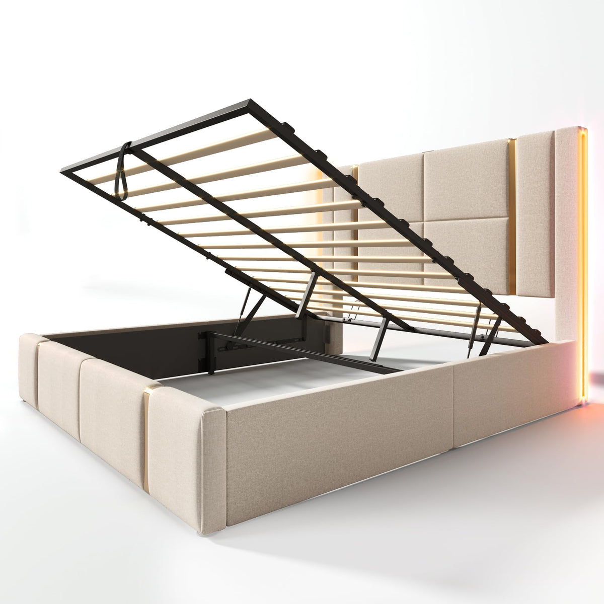 Cama tapizada doble USB tipo C función de carga APP Control LED 180 × 200 cm espacio espacio cama somier de láminas de madera, material de lino beige (sin colchón)