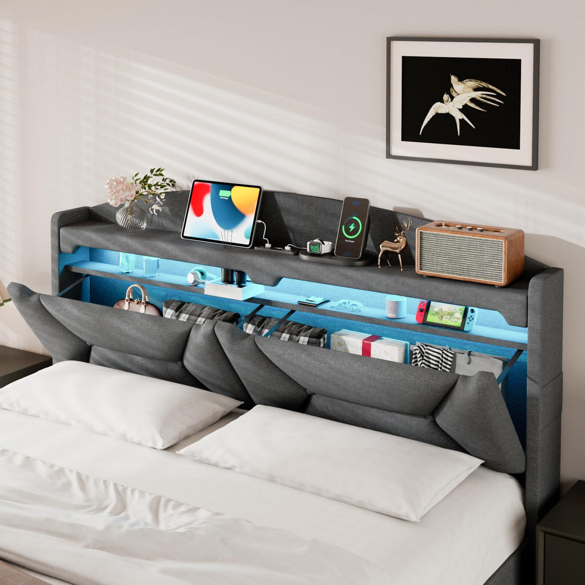 Cama 90x200 cm con Almacenamiento, Cama Individual con LED, Puertos USB y Type-C, Somier 90x200 Hidráulico, Camas Juveniles Camas Infantiles con Cabecero, Lino, Beige, Colchón No Incluido