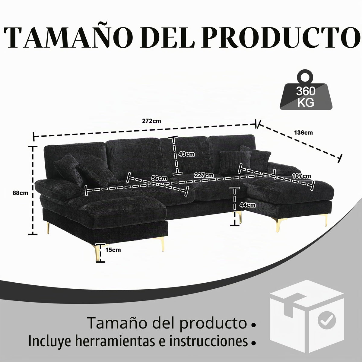 Lubvtti Sofá Moderno en U con iluminación Ambiental LED y Puerto USB+Type-C,sofá 4 plazas con 4 Cojines de Lujo y Respaldo ergonómico, sofá cheslong 4 plazas,Terciopelo,Negro