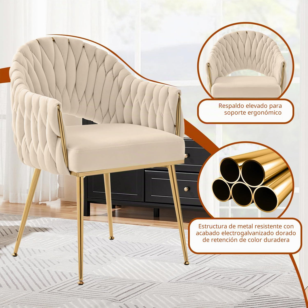 Juego de 4 sillas de comedor de terciopelo, sillones de salón, sillas de comedor con reposabrazos, sillas de cocina con respaldo alto trenzado a mano, silla de tocador con patas doradas