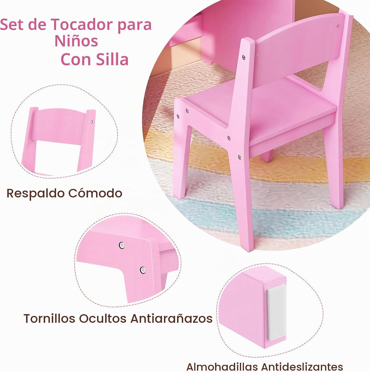 LIFEZEAL 2 en 1 Set de Tocador Niños, Tocador Infantil con Cajón y Estante, Mesa de Maquillaje con Espejo LED y Taburete, para Niñas a Partir de 3 Años