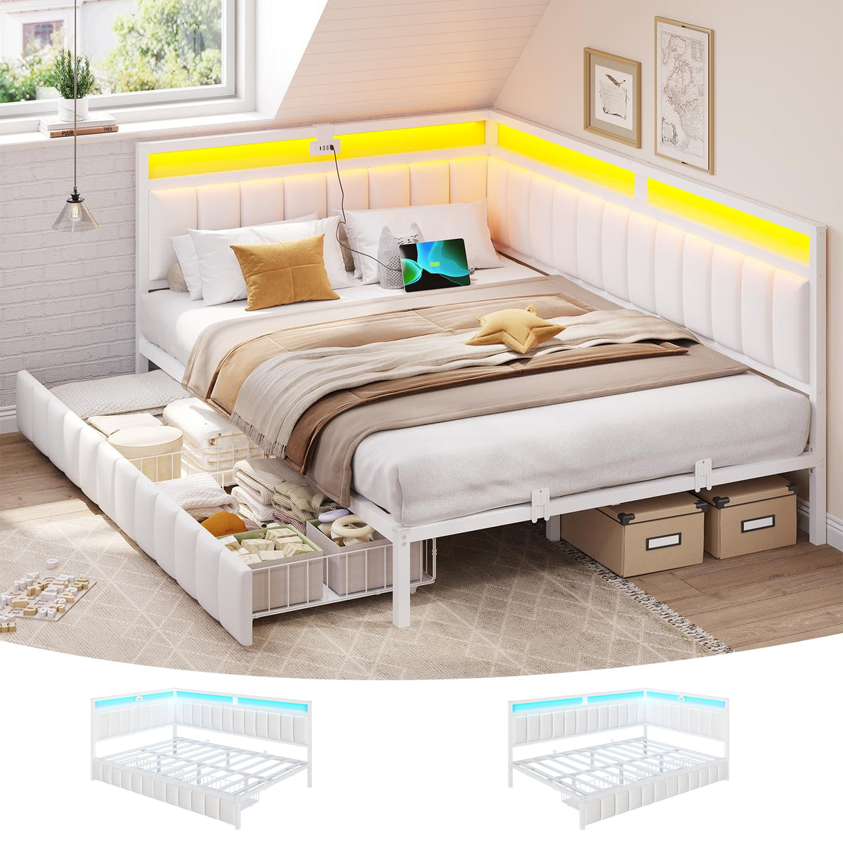 DICTAC Cama Tapizada Sofá Cama 90 x 190 cm con iluminación LED y Toma USB,Camas Juvenil con 2 cajones de Almacenamiento, Estructura de Cama de 90x190 con somier de láminas de Metal, Gris Oscuro