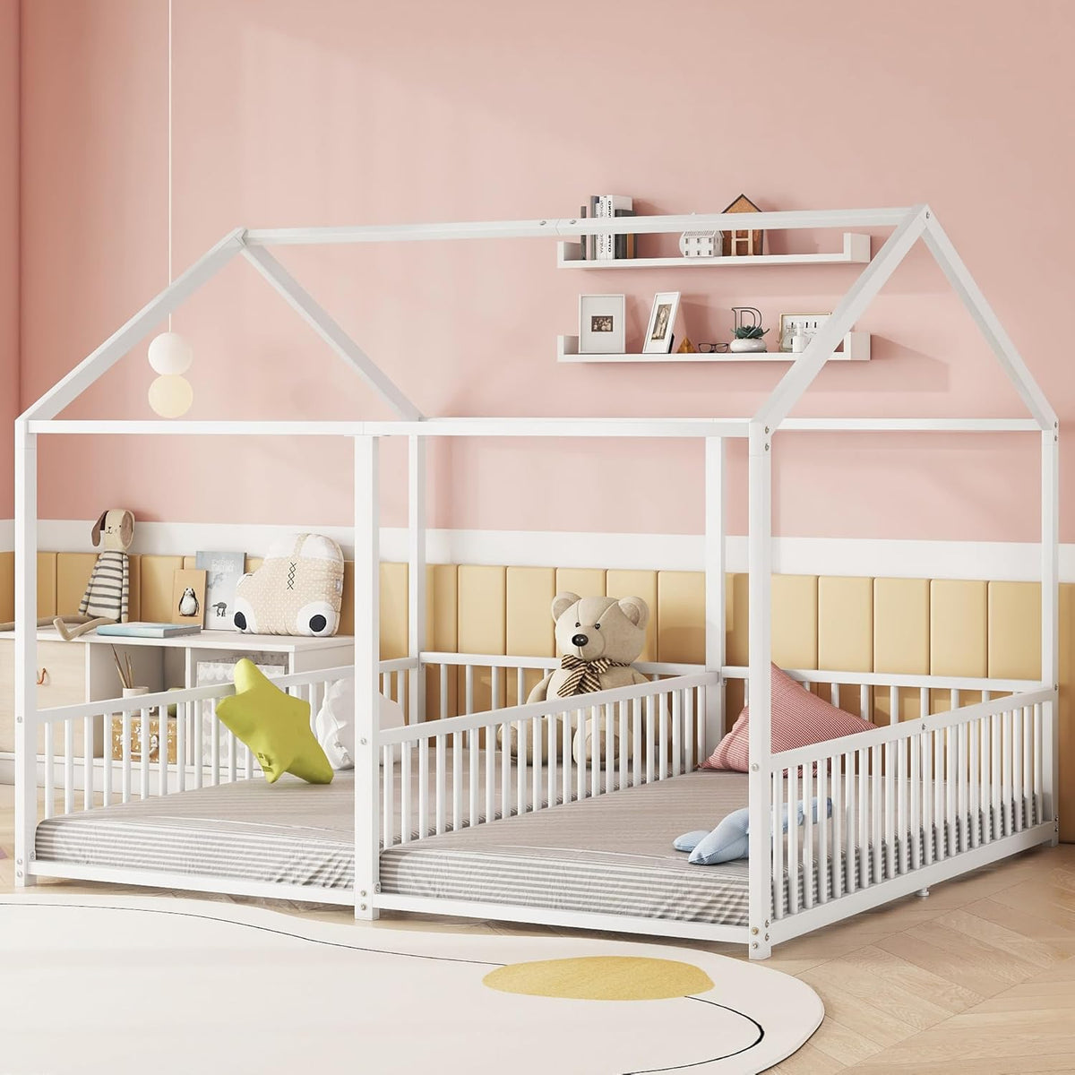Cama infantil de 90 x 200 cm, dos camas de 90 cm con protección anticaídas, cama doble con modelado de casa, marco de hierro, color blanco, ideal para 2 niños
