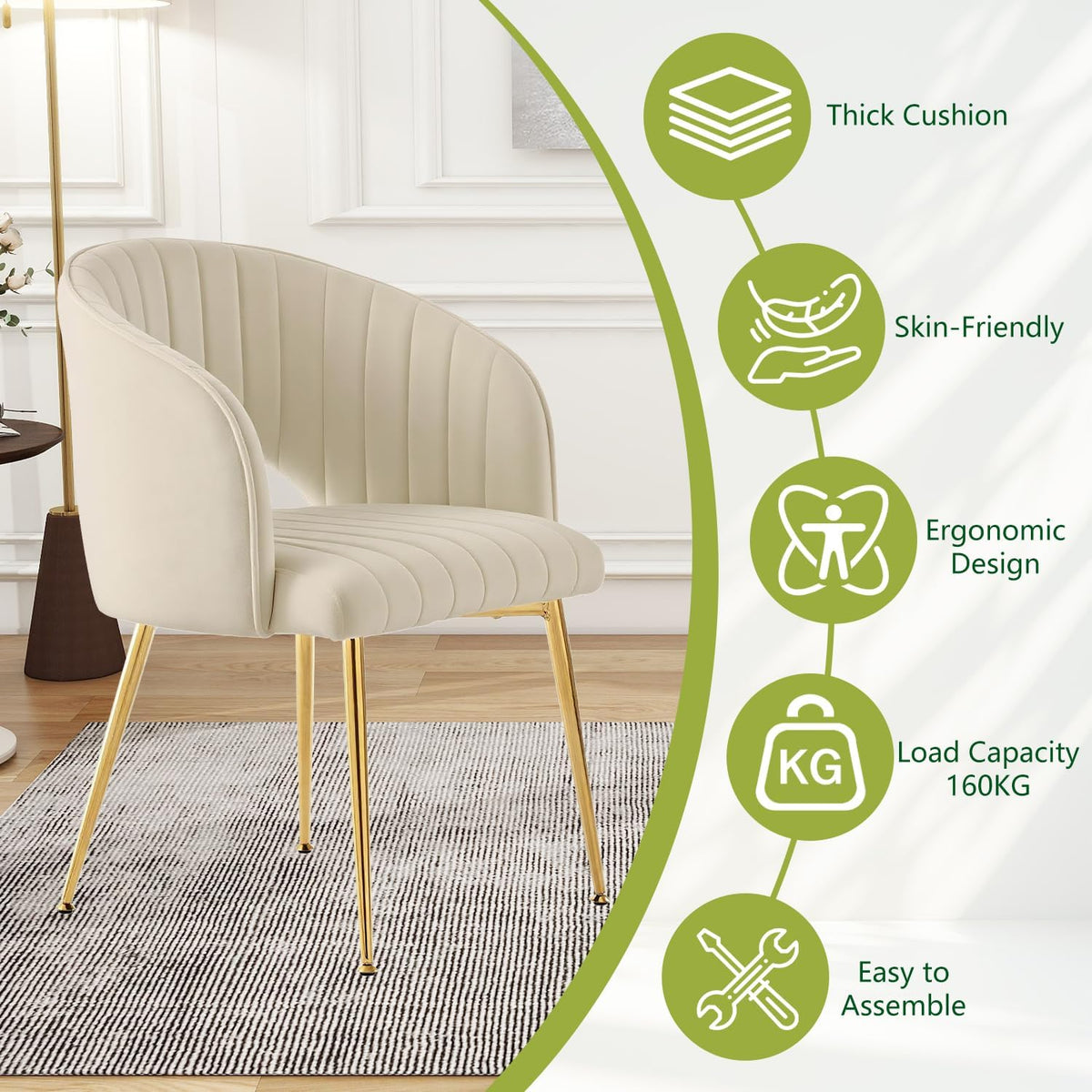Juego de 6 sillas de comedor de terciopelo, sillas tapizadas con reposabrazos, patas doradas, sillas de cocina, para salón, dormitorio, oficina (6, blanco crema)