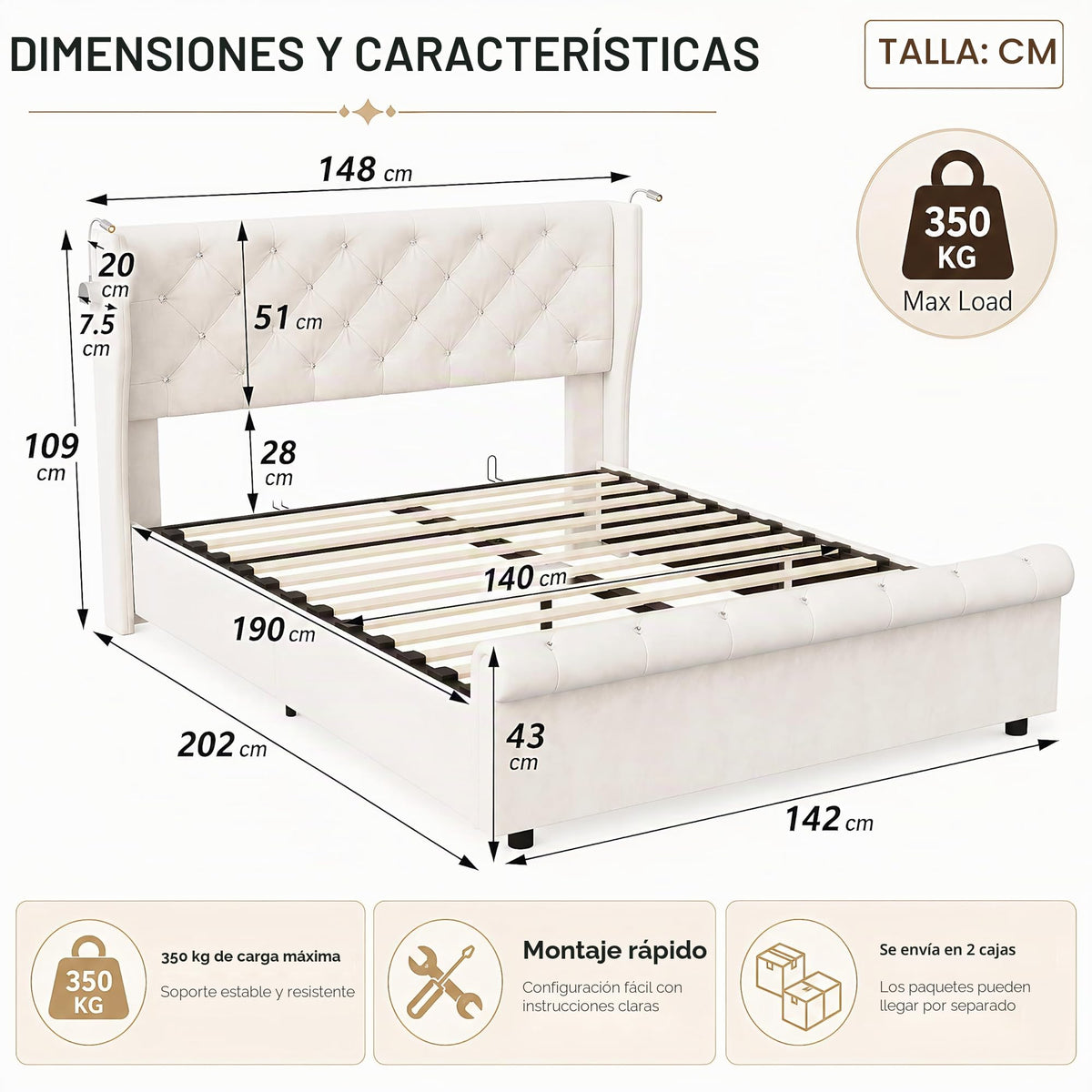 BRILVERDE Cama Tapizada 140x200 con Almacenamiento hidráulico, Cama matrimonial con Toma USB y luz LED, Cabecero Acolchado y Base de Láminas, Terciopelo (Beige, 140 x 200 cm)