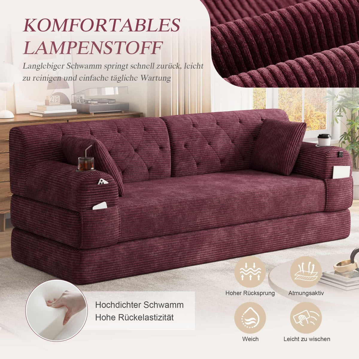 YEHTOKHOME - Sofá de Velor acanalado con respaldo alto y estructura metálica, sofá moderno de 2 plazas con 2 portavasos y 4 bolsillos laterales, para salón, dormitorio (Beige)