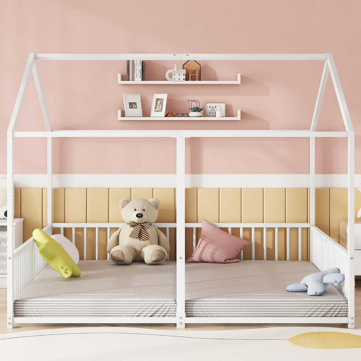 Cama infantil de 90 x 200 cm, dos camas de 90 cm con protección anticaídas, cama doble con modelado de casa, marco de hierro, color blanco, ideal para 2 niños