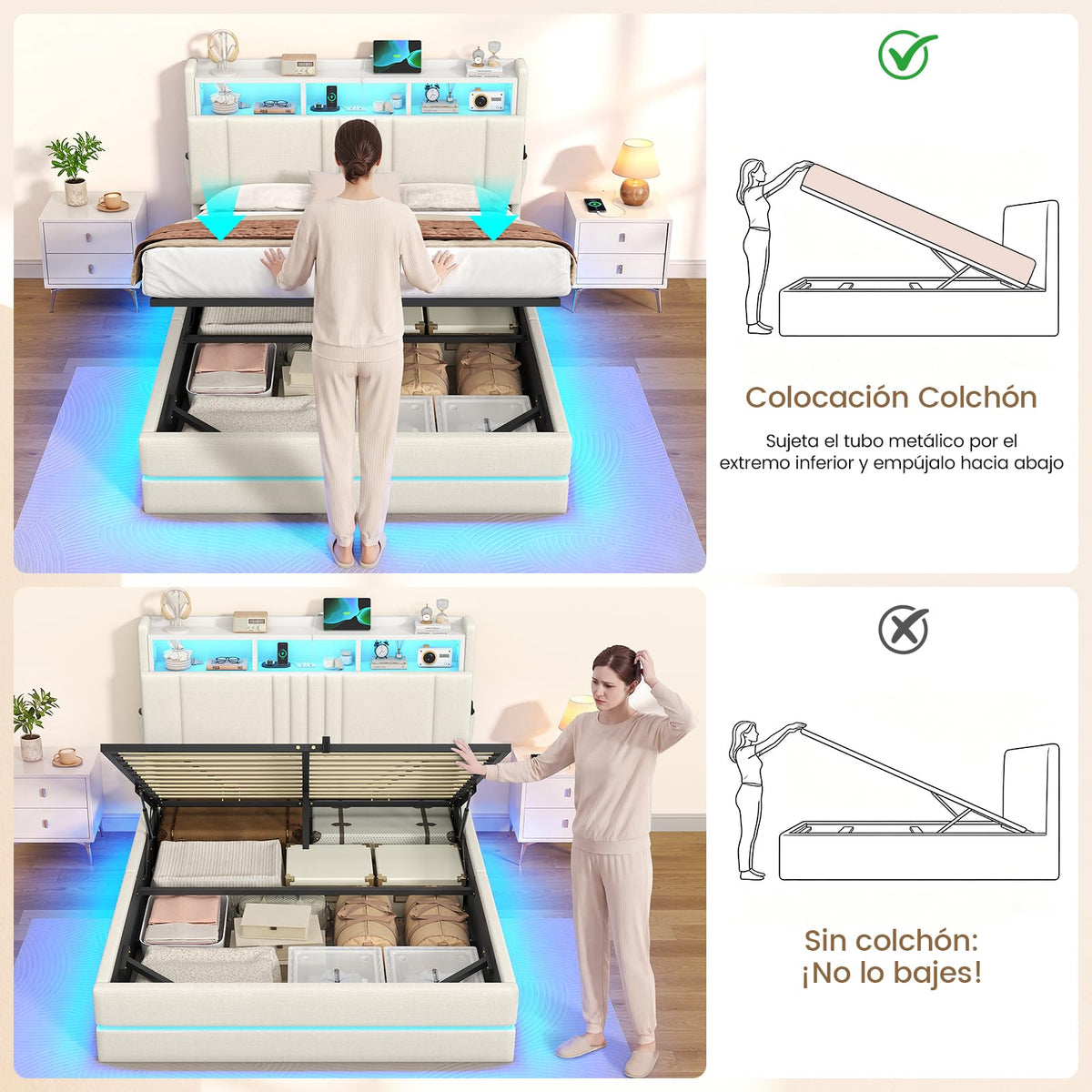 AOGLLATI Cama Matrimonial 140x190 cm con Almacenamiento Hidráulico, Lino