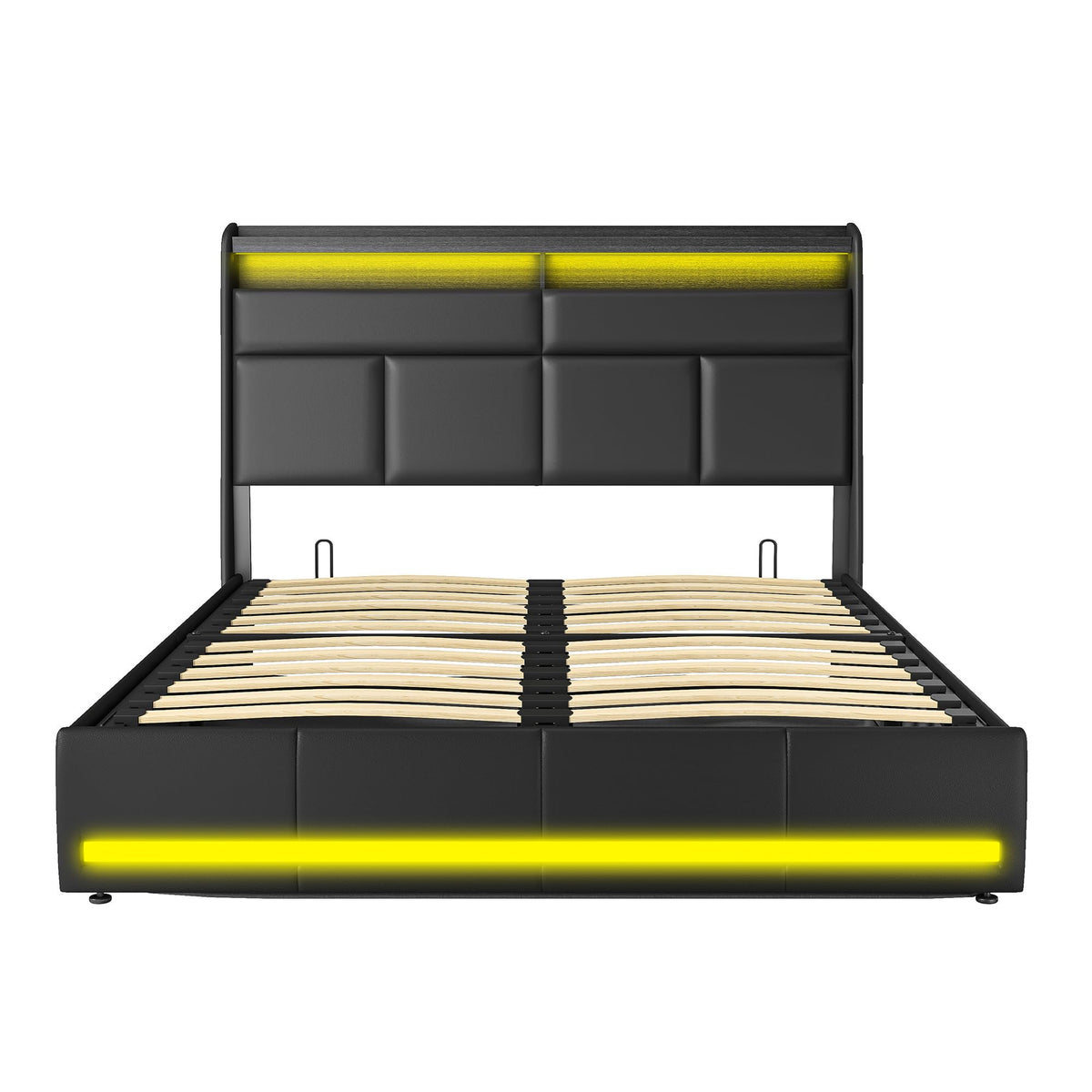 Cama tapizada de 160 x 200 cm, cama doble LED con espacio de almacenamiento, cabecero y función de carga USB C, cama de almacenamiento hidráulico, respaldo con somier de láminas de madera