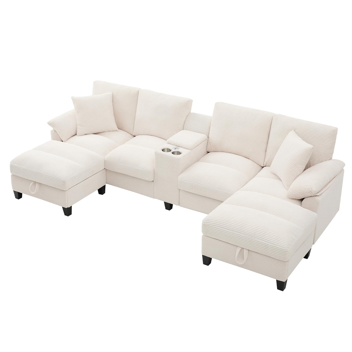 Azkoeesy - Sofá de 4 plazas con 2 reposapiés y espacio de almacenamiento, consola con 2 portavasos y enchufe, 293 cm, forma U, tapizado en pana, adecuado para sala de estar, dormitorio y apartamentos