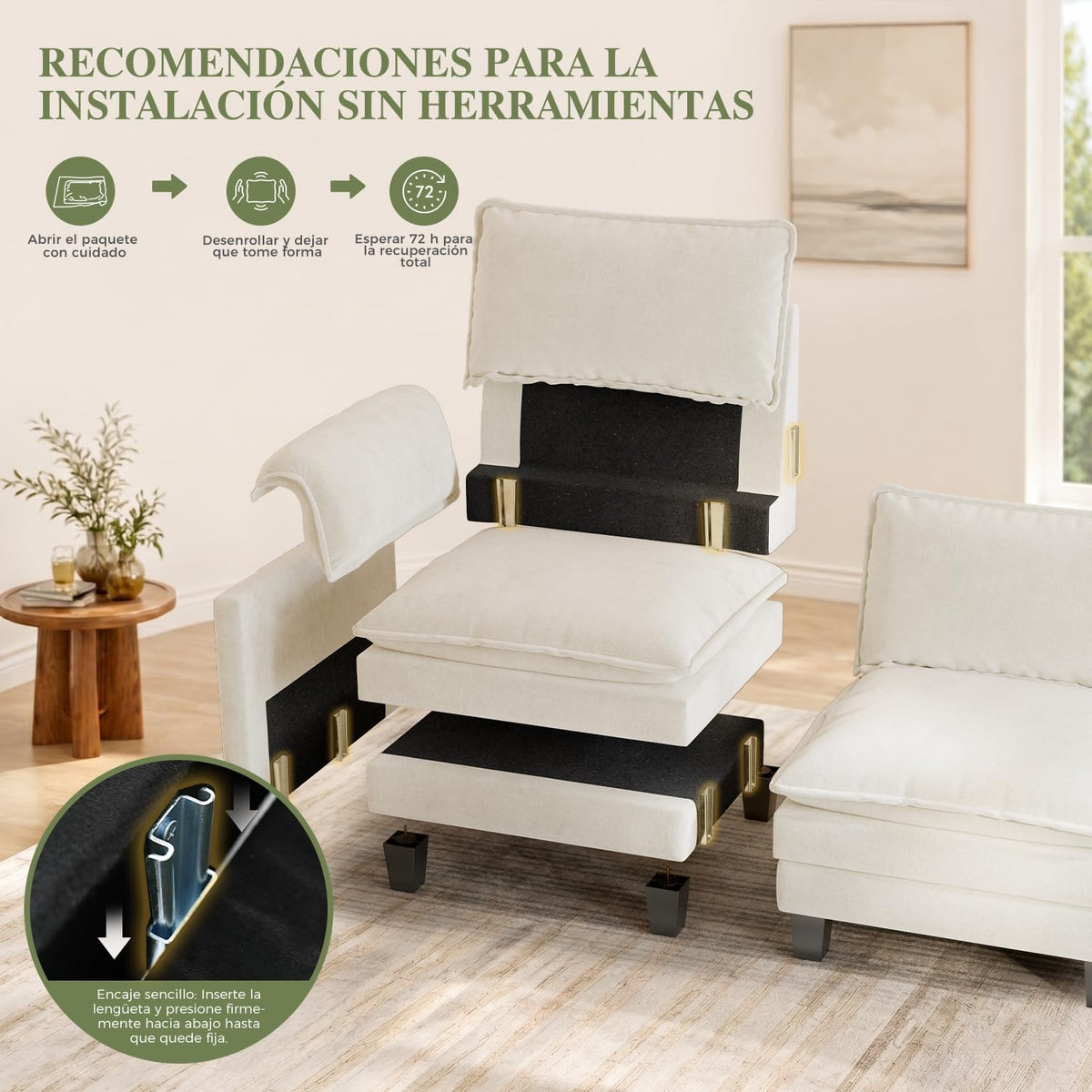 ELUCHANG Sofá Nube Modular 256cm, Sofá de 3 Plazas con Asiento Profundo 62cm, Montaje sin Herramientas, Sofá Moderno de Chenilla para Salón y Habitación, Gris Perla