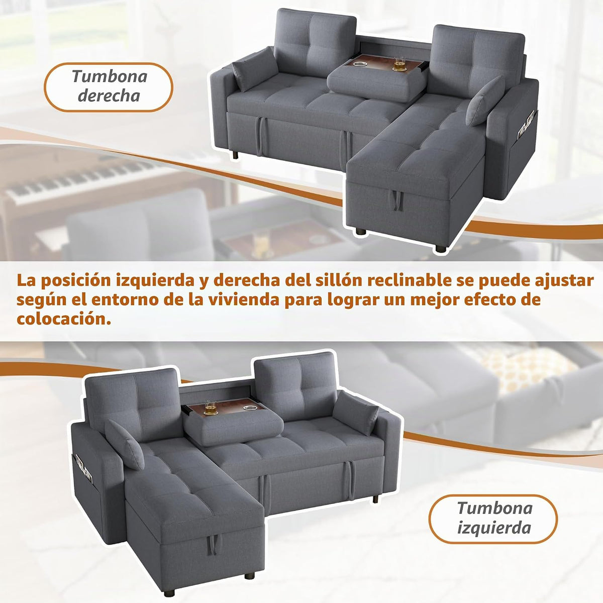 Bladez Sofá cama extensible en forma de L de lino con espacio de almacenamiento, soporte para bebidas, sofá modular de 3 plazas para salón (gris)