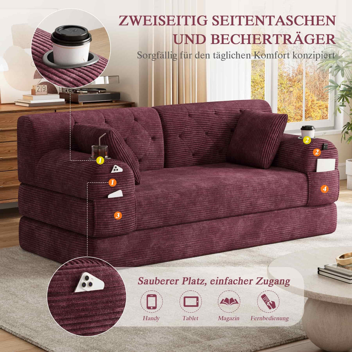 YEHTOKHOME - Sofá de Velor acanalado con respaldo alto y estructura metálica, sofá moderno de 2 plazas con 2 portavasos y 4 bolsillos laterales, para salón, dormitorio (Beige)
