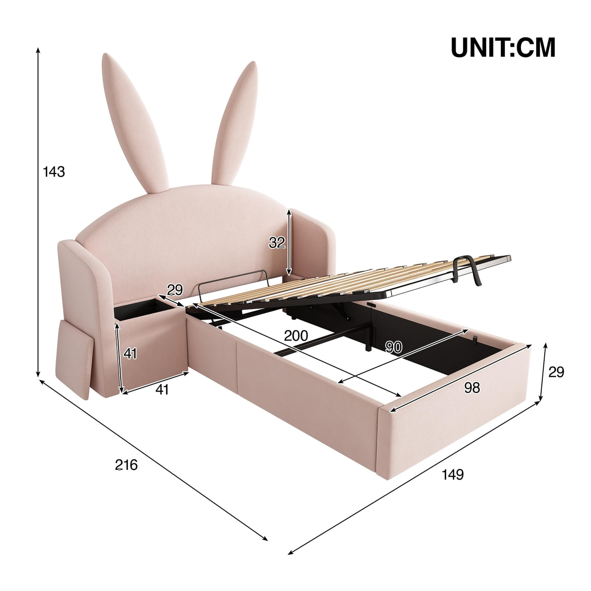 Kebnor Cama tapizada de terciopelo, orejas de conejo, cabecero con espacio de almacenamiento y mesita de noche, cama juvenil de diseño (sin colchón) (beis, 90 x 190 cm)