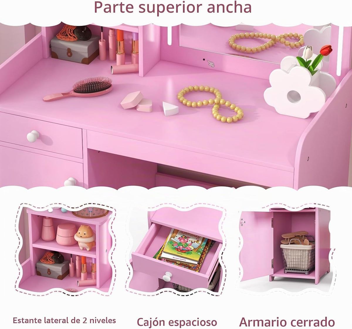 LIFEZEAL 2 en 1 Set de Tocador Niños, Tocador Infantil con Cajón y Estante, Mesa de Maquillaje con Espejo LED y Taburete, para Niñas a Partir de 3 Años