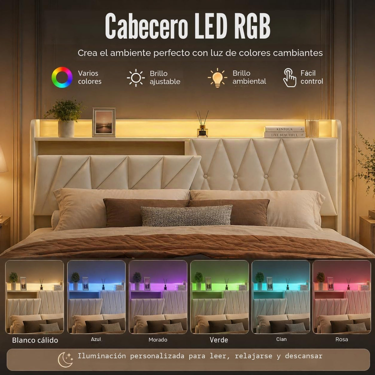 BRILVERDE Cama Tapizada 160x200 con Almacenamiento, Cama matrimonial con cajones, Cama Nido con LED, Cabecero Acolchado y Base de Láminas, Terciopelo (Beige, 160 x 200 cm)
