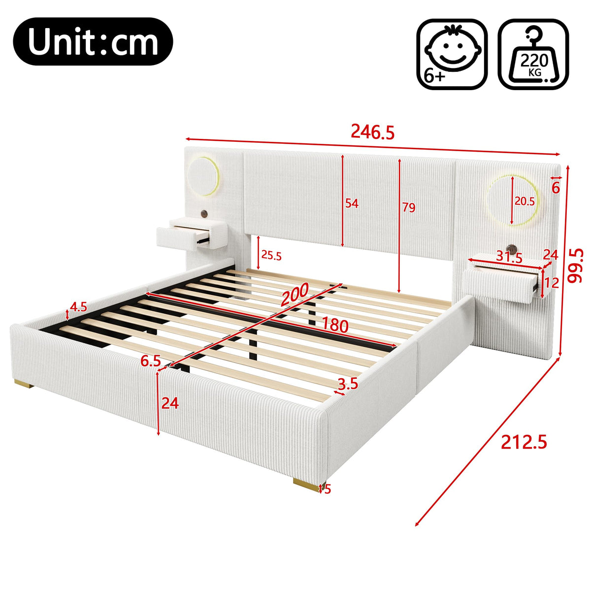 Moimhear Cama tapizada de terciopelo, cabecero LED, conectores USB, almacenamiento hidráulico
