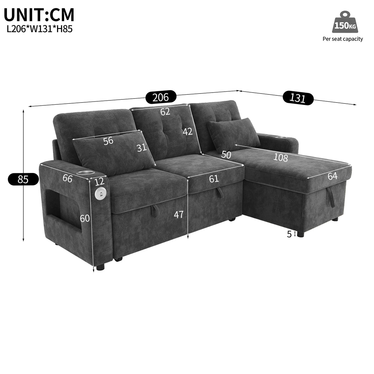 Sapgaks Sofá de esquina convertible de 6 plazas con USB, sofá convertible de 6 plazas, sofá de 6 plazas, en chenilla, con apoyabrazos en forma de librería, puf extraíble para configuraciones en L y en