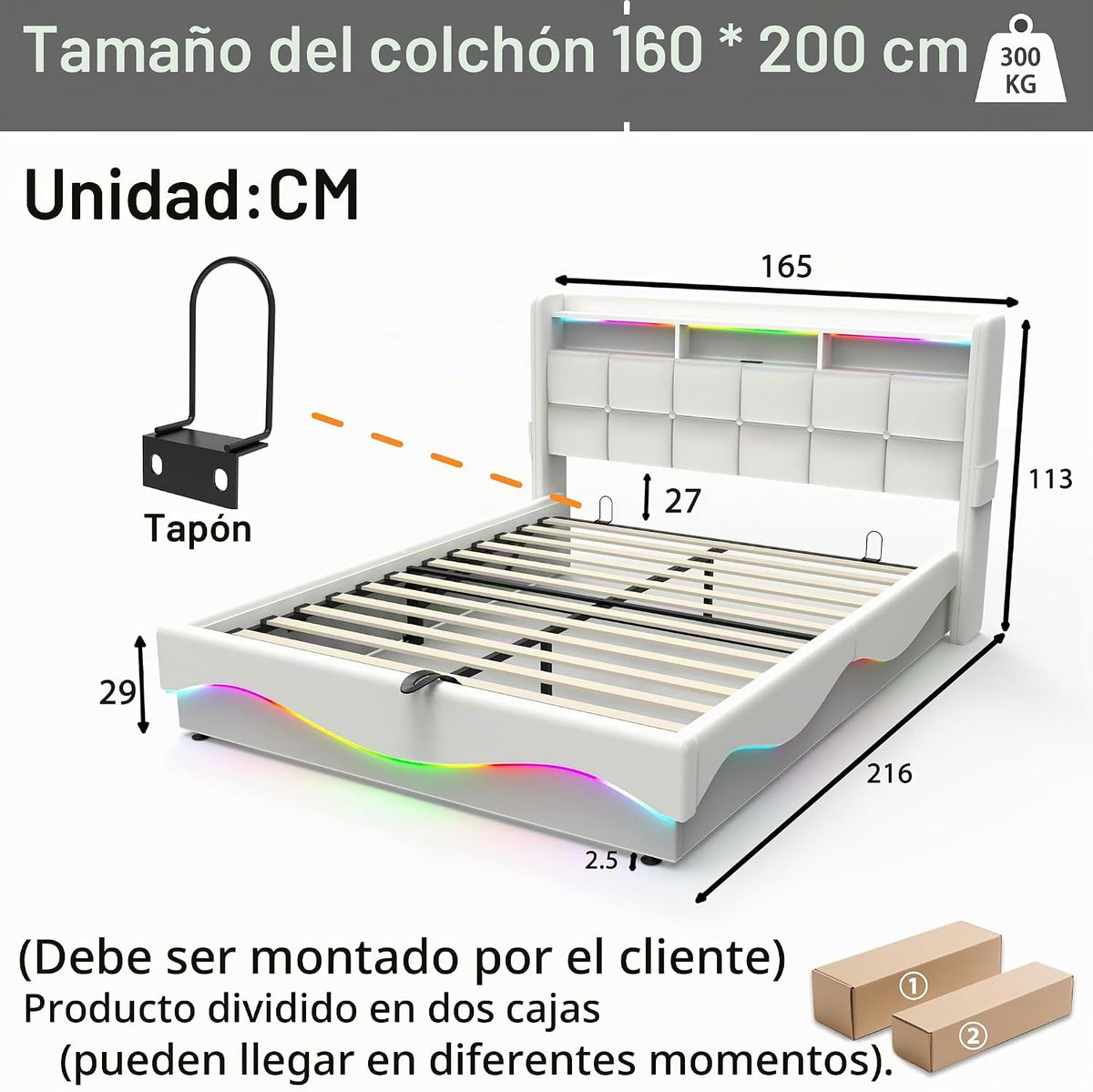 Estructura de Cama de Cuero 160x200cm con Carga USB Type-C, Blanco