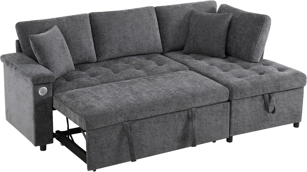 Lubvtti Sofá cama de 3 plazas moderno con función de cama, con espacio de almacenamiento, cargador USB, reposabrazos portaobjetos y 2 cojines, sofá de esquina en L, sofá de 3 plazas, chenilla (C-gris)