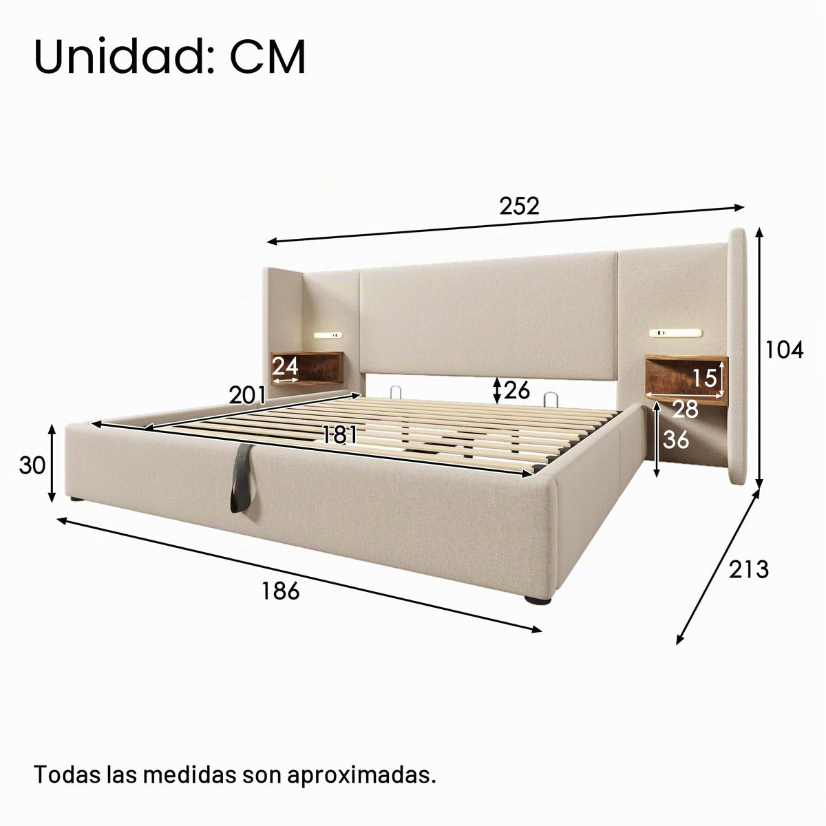 Camas Matrimoniales 160x200 con Cabecero Extendido y Espacio de Almacenaje Hidráulica, Cama Matrimonio con Lámpara de Lectura, Cama Doble con Puerto USB y Tipo C, Lino, Gris, Sin Colchón