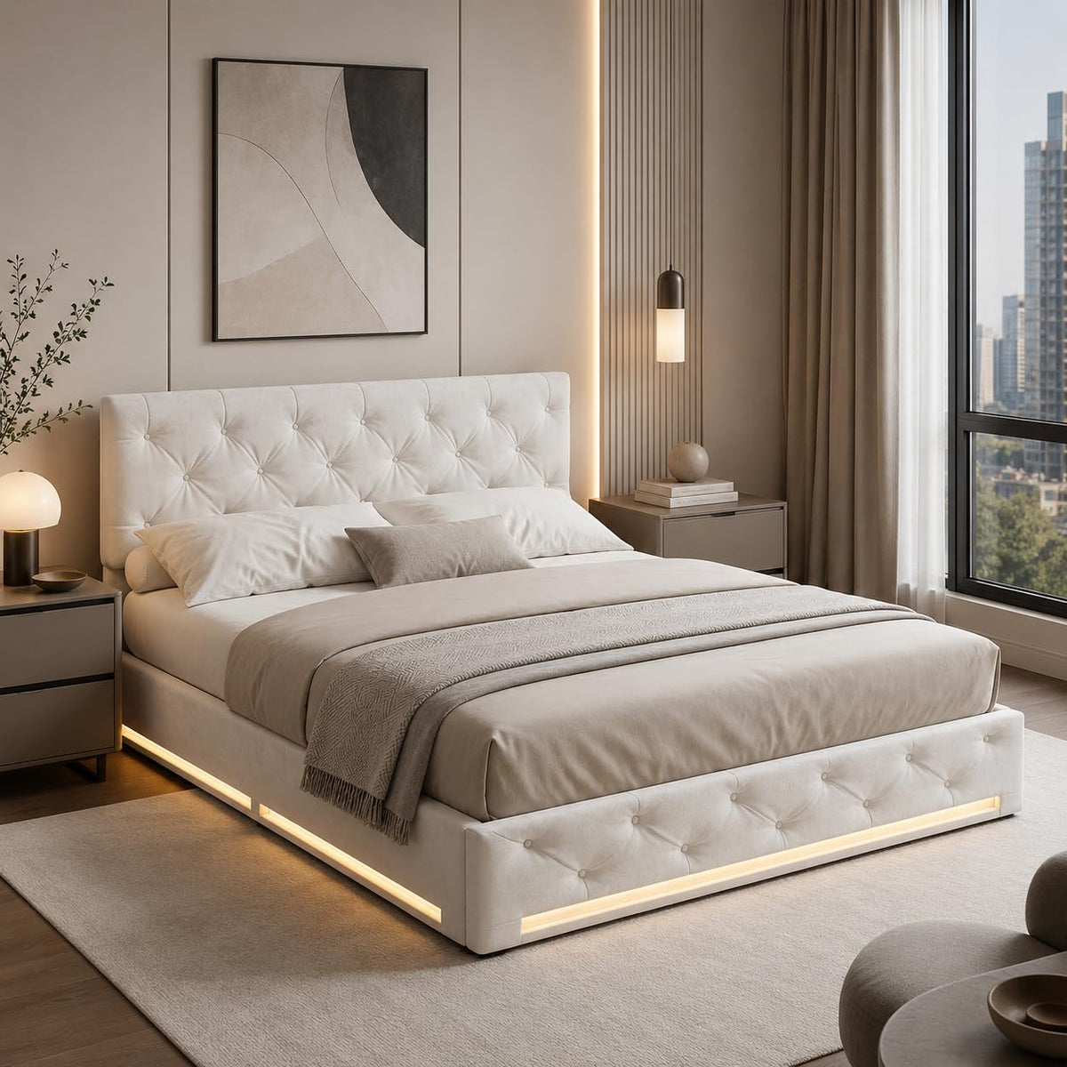 BRILVERDE Cama Tapizada 160x200 con Almacenamiento hidráulico, Cama matrimonial con lámpara de mesita, Cabecero Acolchado y Base de Láminas, Terciopelo (Beige, 160 x 200 cm)