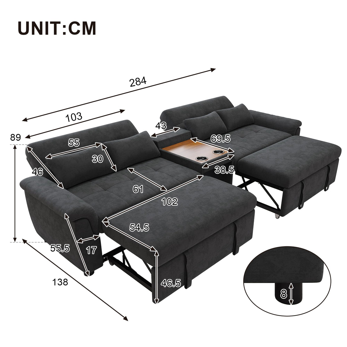 LAKFEW Sofa Cama con Cama Extensible y Taburete Almacenaje, Sofa Rinconera con USB, Lámpara de Lectura, Mesa Plegable con 2 Posavasos, 205x205x85 cm, Gris