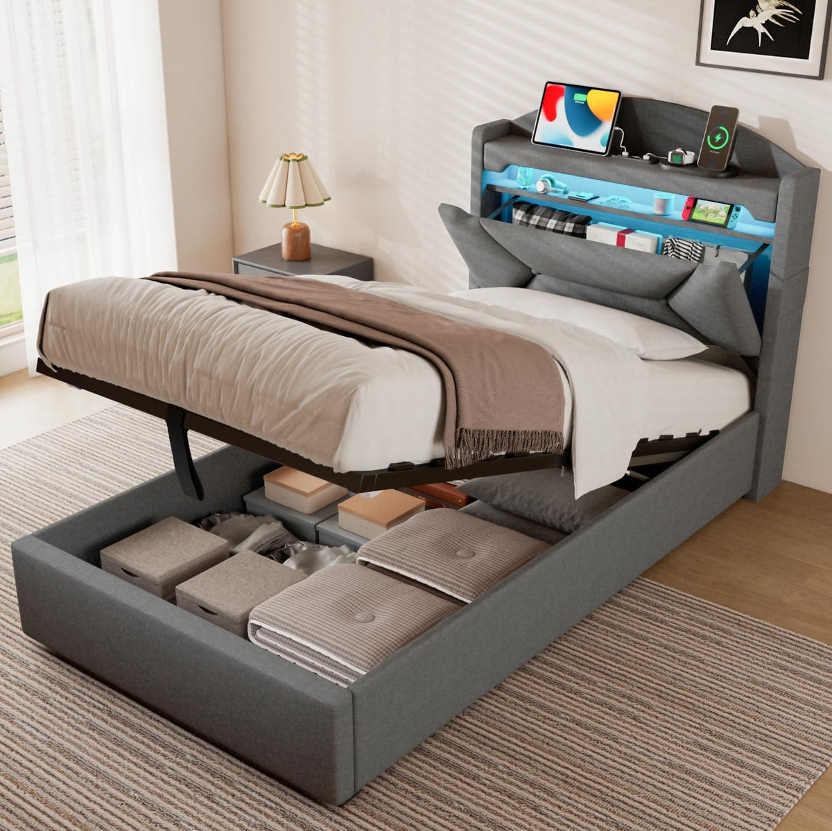 Cama 90x200 cm con Almacenamiento, Cama Individual con LED, Puertos USB y Type-C, Somier 90x200 Hidráulico, Camas Juveniles Camas Infantiles con Cabecero, Lino, Beige, Colchón No Incluido