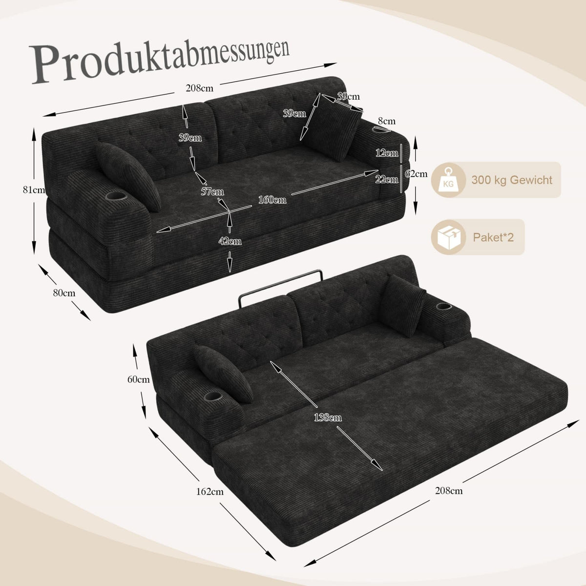 YEHTOKHOME - Sofá de Velor acanalado con respaldo alto y estructura metálica, sofá moderno de 2 plazas con 2 portavasos y 4 bolsillos laterales, para salón, dormitorio (Beige)