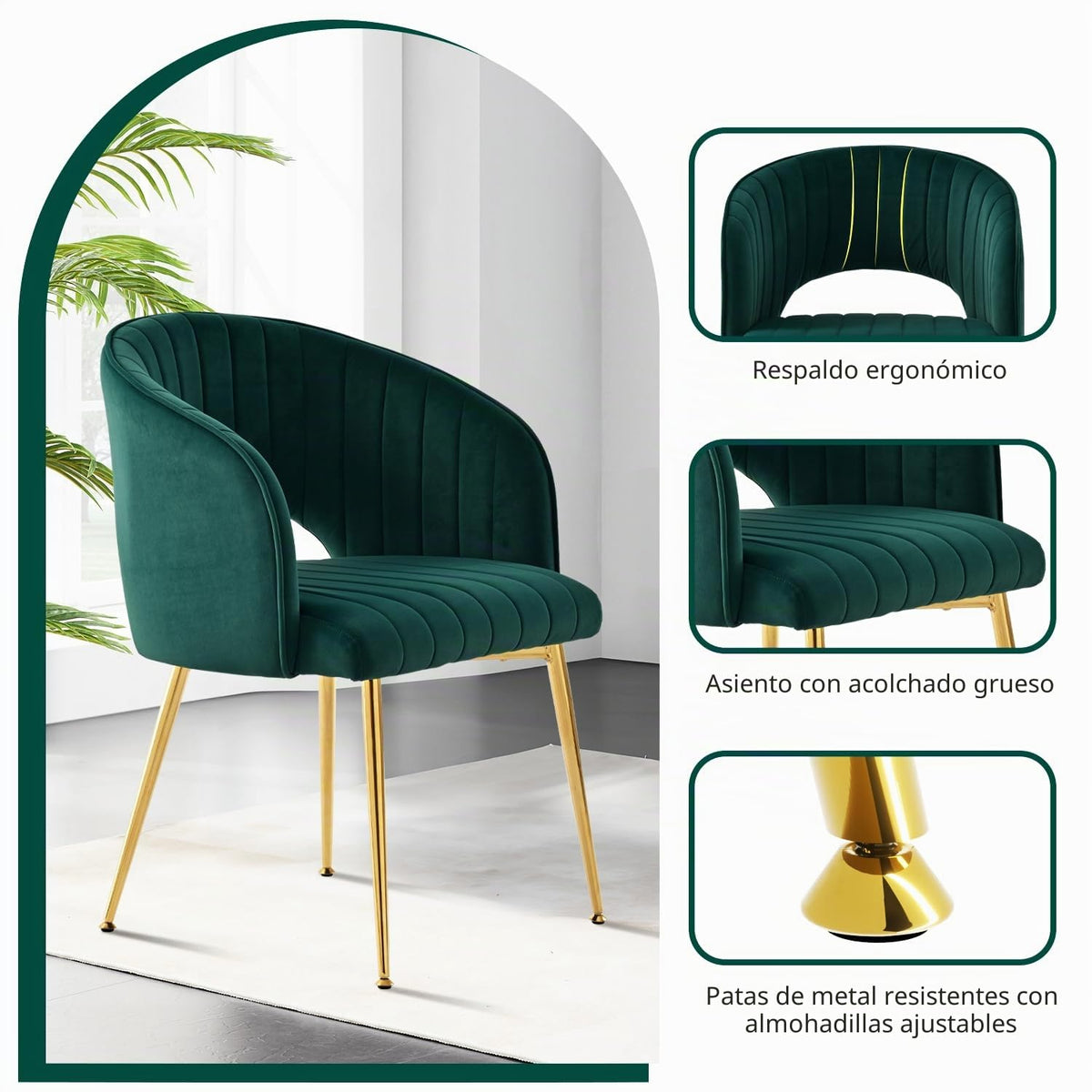 Juego de 6 sillas de comedor de terciopelo, sillas tapizadas con reposabrazos, patas doradas, sillas de cocina, para salón, dormitorio, oficina (6, blanco crema)