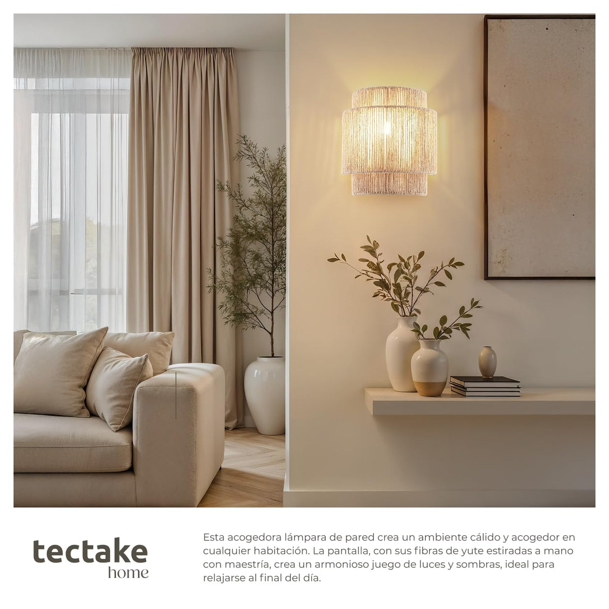 tectake® Lampara Techo Dormitorio Boho Artesanal en Yute Sostenible con Estructura de Acero, Lámpara de Techo Colgante Salón 40 W, Lampara Salon, Plafon - 45 x 45 x 27,5 cm
