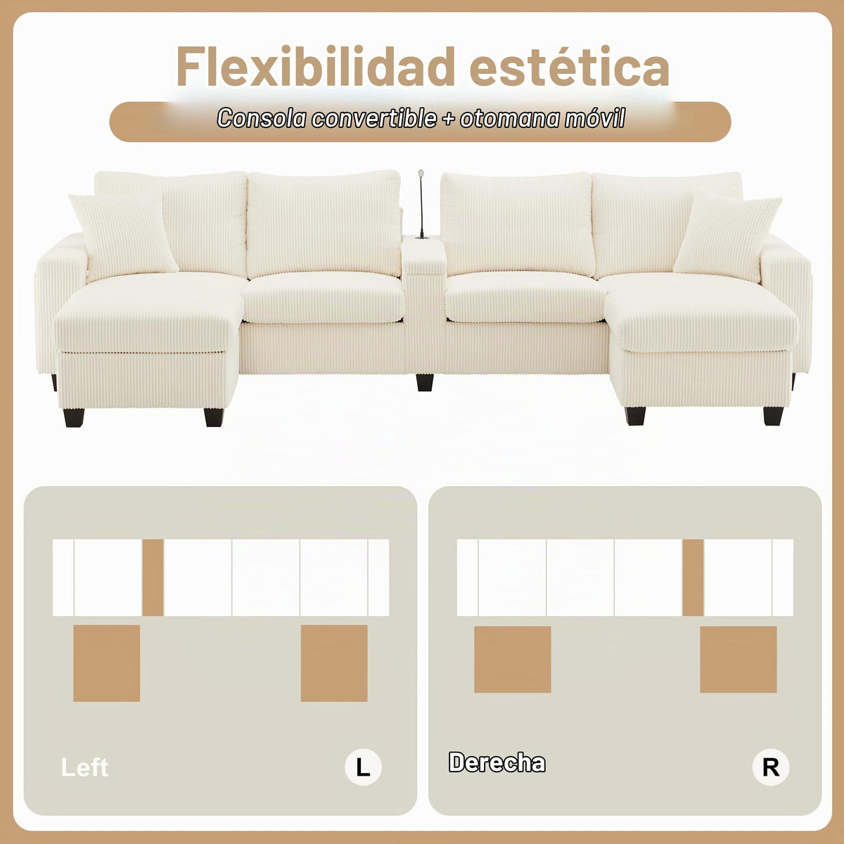 LAKFEW Sofa Cama con Cama Extensible y Taburete Almacenaje, Sofa Rinconera con USB, Lámpara de Lectura, Mesa Plegable con 2 Posavasos, 205x205x85 cm, Gris