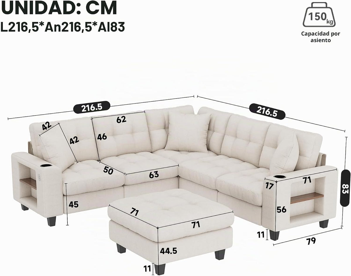 Sapgaks Sofá modular moderno de 6 plazas, con USB y portavasos, sofá de esquina modular muy grande en forma de U/L, con reposapiés extraíble y apoyabrazos con estantería, tela de chenilla, beige