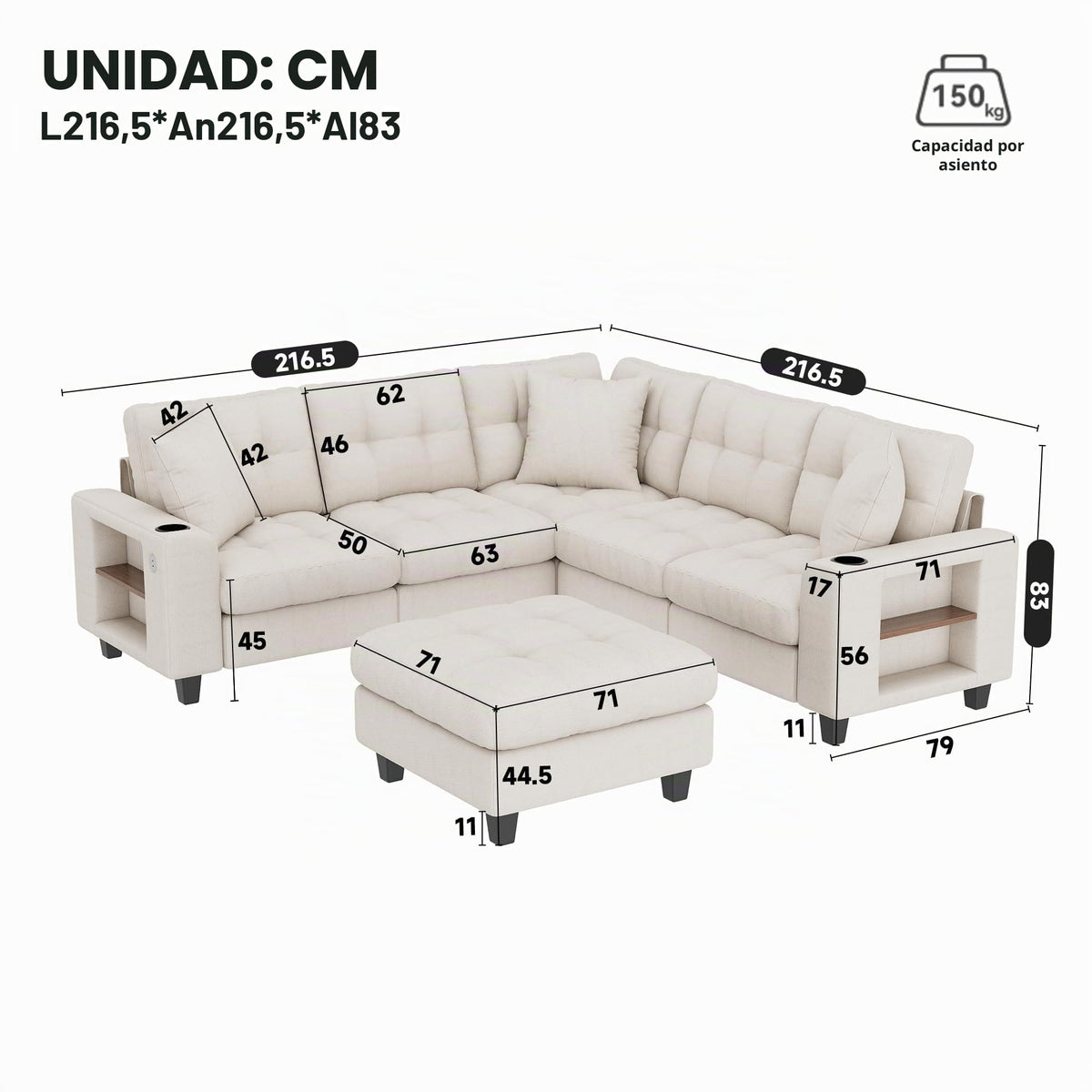 Sapgaks Sofá de esquina convertible de 6 plazas con USB, sofá convertible de 6 plazas, sofá de 6 plazas, en chenilla, con apoyabrazos en forma de librería, puf extraíble para configuraciones en L y en