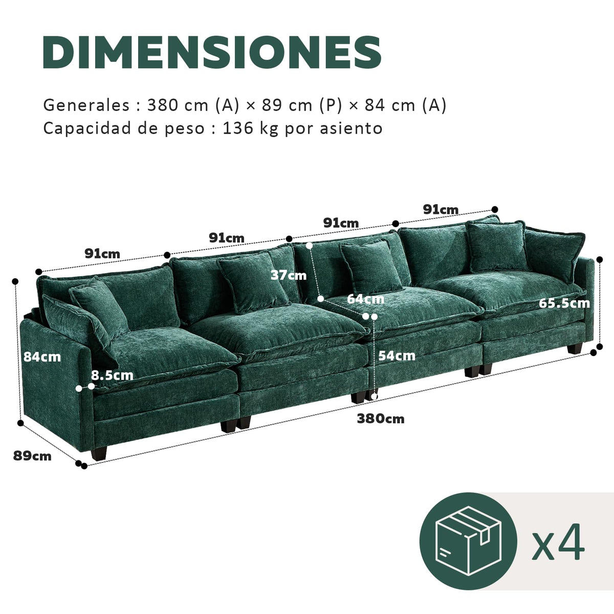 Sofá Modular Modular de 380.0 cm en Forma de L, sofás Convertibles de Gran tamaño, sofá de felpilla de 4 plazas con Asiento Profundo SleeperCloud con Almohadas y 2 otomanas para Sala de