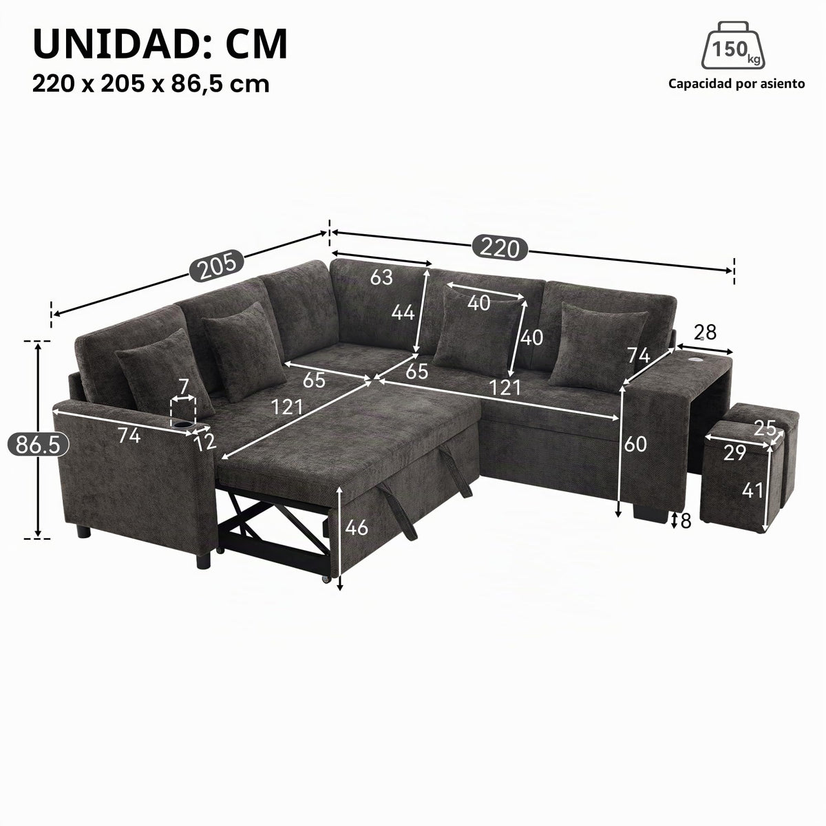 Sofá esquinero extensible en forma de L con puerto USB y portavasos, sofá cama de 4 plazas con función cama, sofá convertible con espacio de almacenamiento y reposabrazos, cojines, chenilla