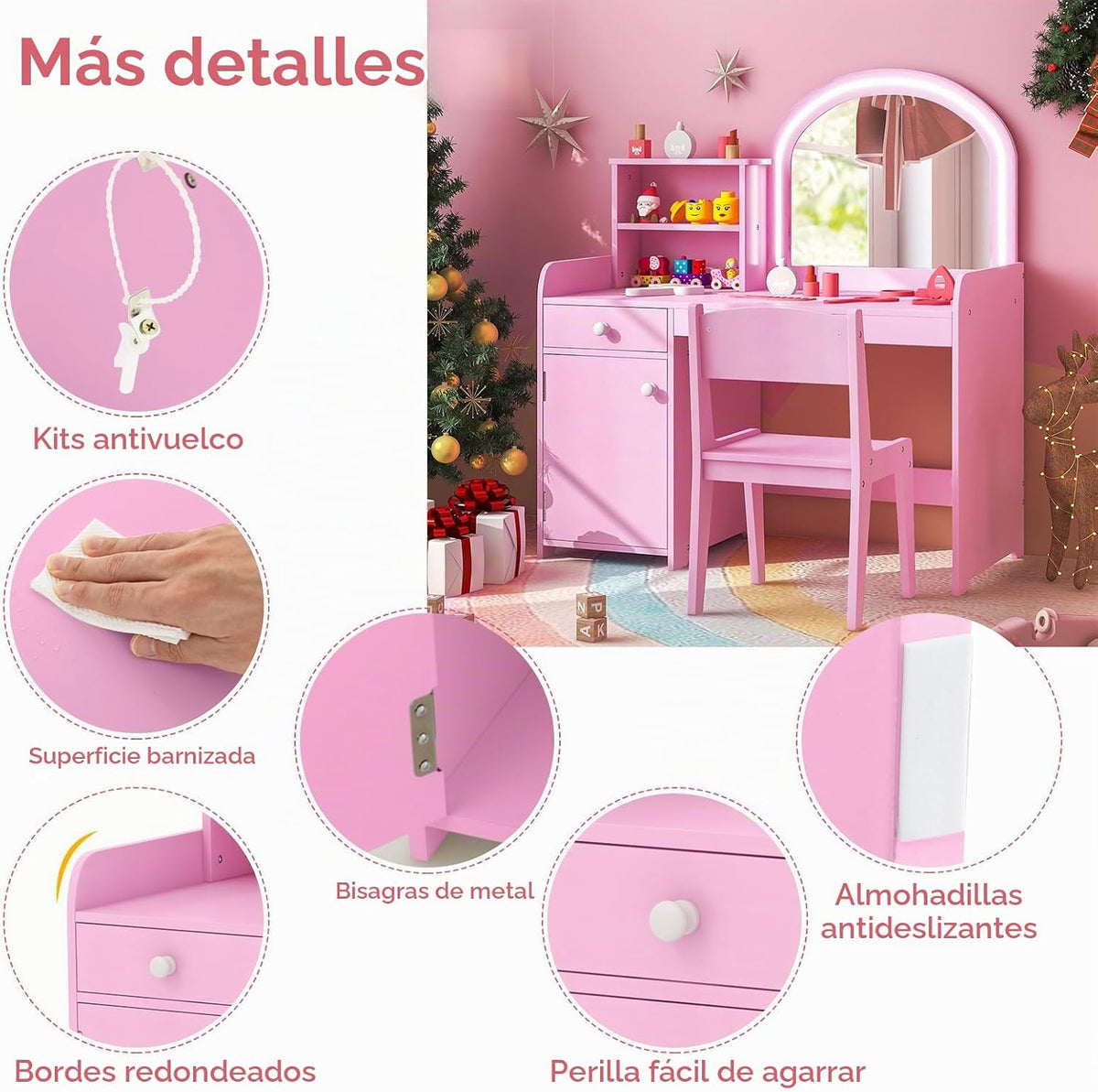 LIFEZEAL 2 en 1 Set de Tocador Niños, Tocador Infantil con Cajón y Estante, Mesa de Maquillaje con Espejo LED y Taburete, para Niñas a Partir de 3 Años