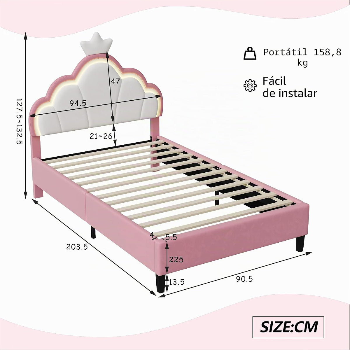 LIVLUX Cama Tapizada 90 x 200 cm, Cama Princesa con Cabezal LED Ajustable y Somier de Lamillas, Cama para Niña, Diseño en Forma de Corona para Niños y Adolescentes (Rosa, 90 x 200 cm)