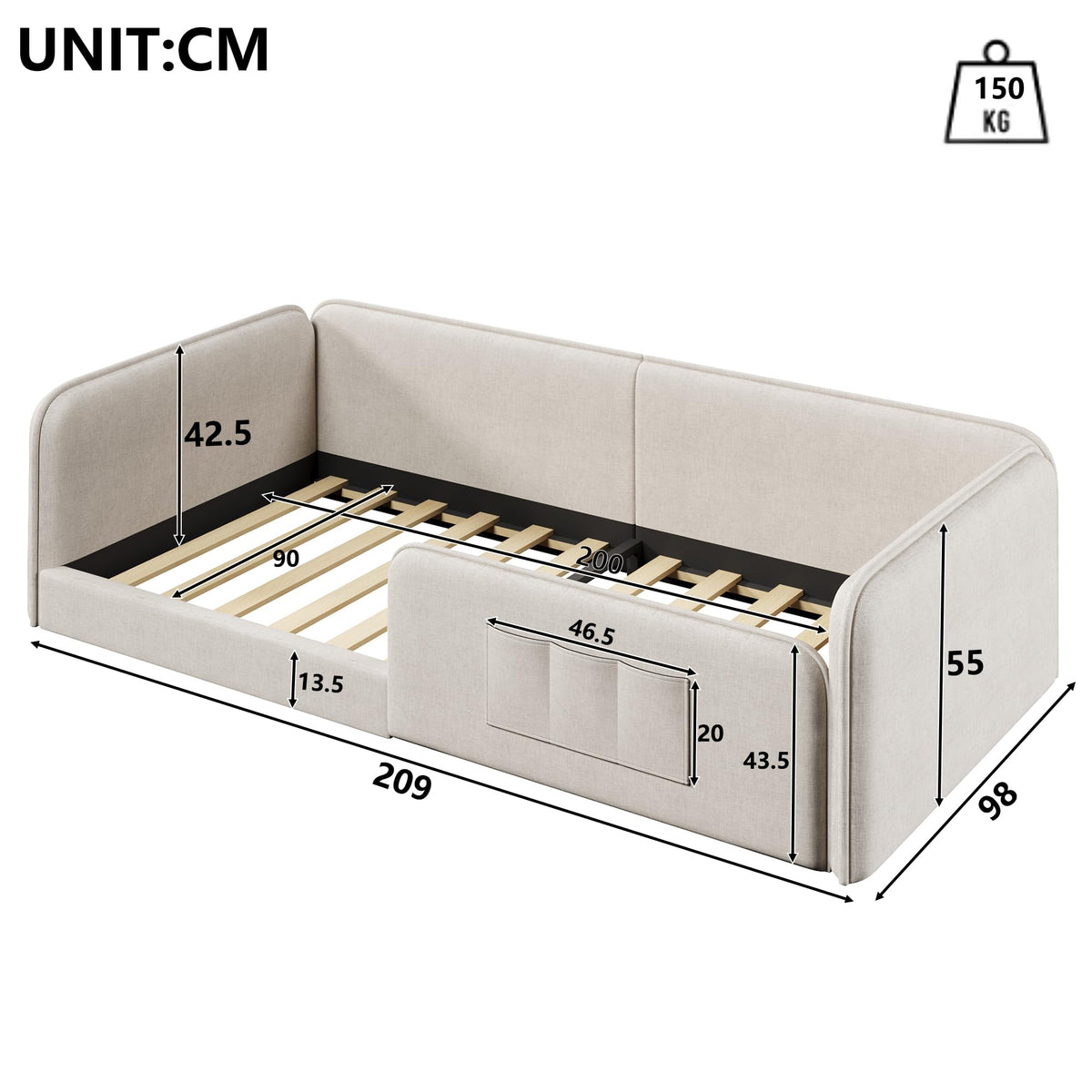 Cama con plataforma 90 x 200 cm con funda de lino suave, acolchado de espuma con marco de seguridad integral, color gris