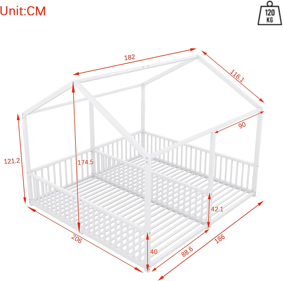 Cama infantil de 90 x 200 cm, dos camas de 90 cm con protección anticaídas, cama doble con modelado de casa, marco de hierro, color blanco, ideal para 2 niños