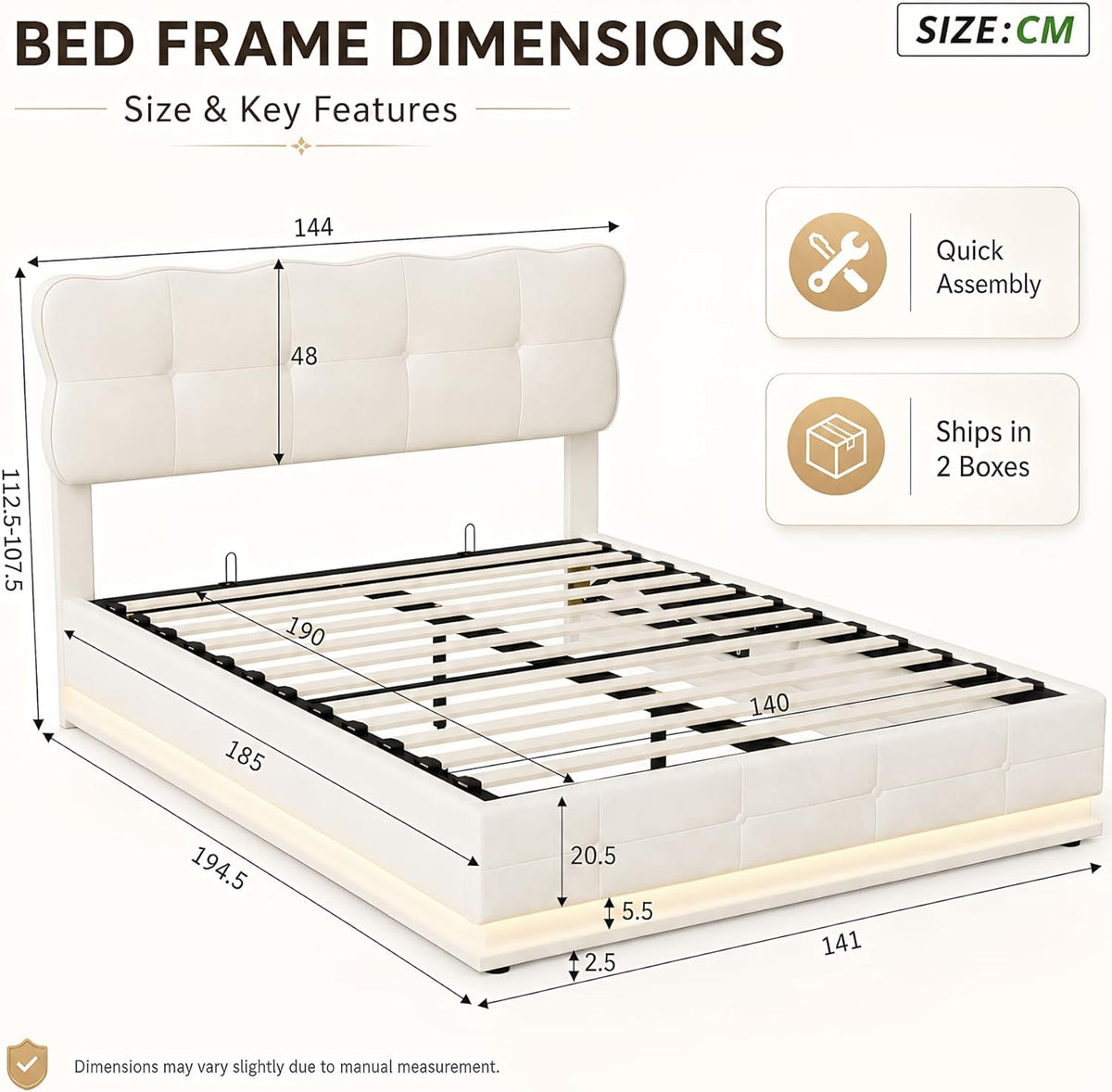 BRILVERDE Cama Tapizada 140x200 con Almacenamiento hidráulico, Cama matrimonial con Toma USB y luz LED, Cabecero Acolchado y Base de Láminas, Terciopelo (Beige, 140 x 200 cm)