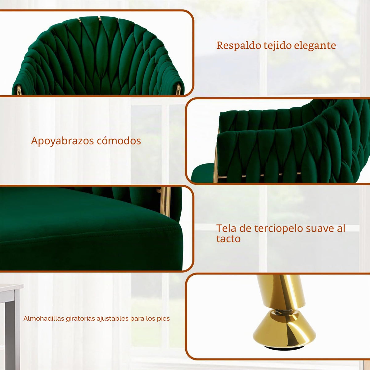 Juego de 4 sillas de comedor de terciopelo, sillones de salón, sillas de comedor con reposabrazos, sillas de cocina con respaldo alto trenzado a mano, silla de tocador con patas doradas