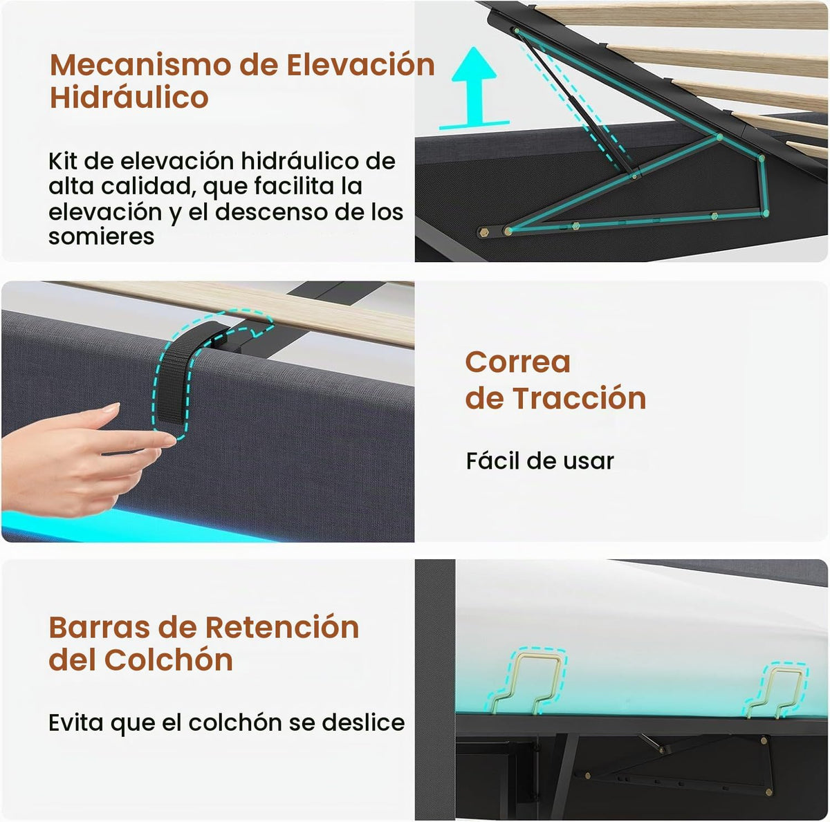 AOGLLATI Camas Matrimoniales 140x190 cm con Almacenamiento Hidráulico, Cama Canapé con Cabecero Ajustable, Estructura de Cama con Luces LED y Estación de Carga (USB y Tipo-C), Gris Oscuro